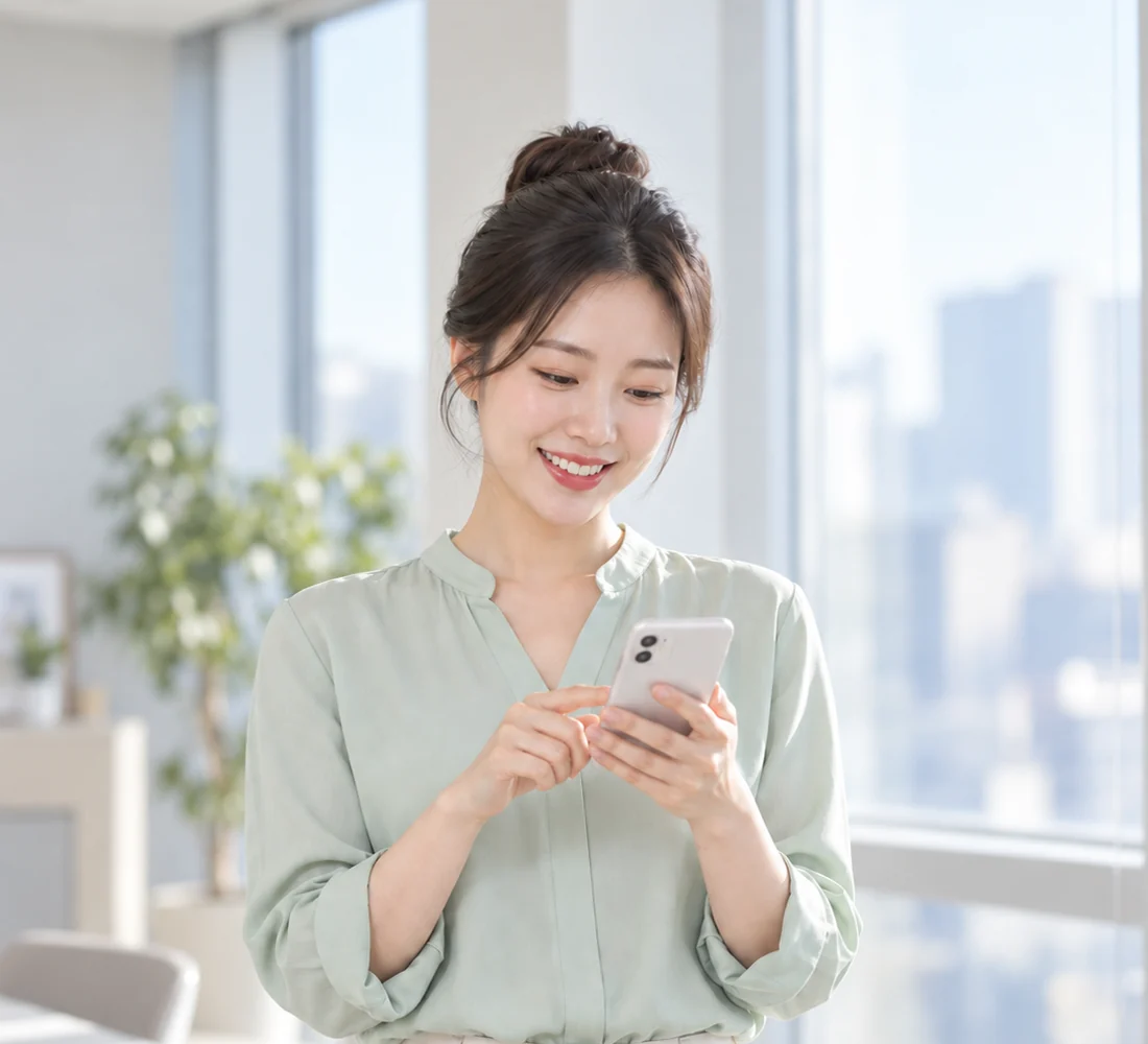 밝은 상담 자리에서 계약서 서류를 함께 살펴보며 웃는 이십 대 직장인